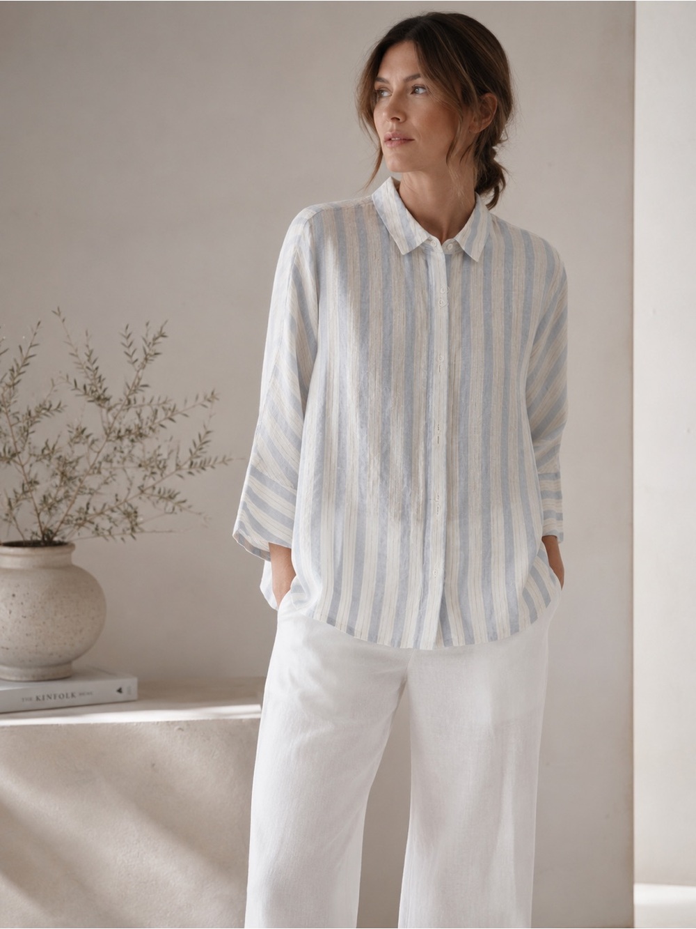 The White Company 100% Linen Striped Blouse | Coastal Blue Button-Up | US 10